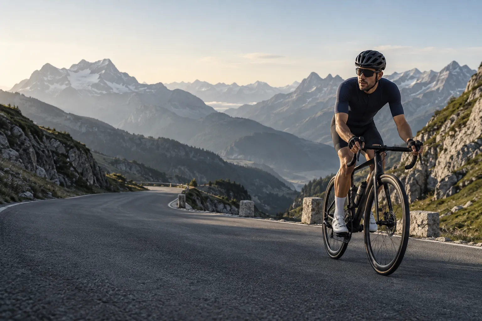 Wielrenner op een bergweg in de Alpen